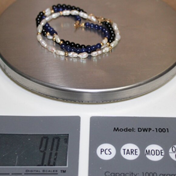 Three 14K Gemstone Bracelets (Onyx, Seed Pearls, Lapis, and Gold Beads) - Picture 9 of 11